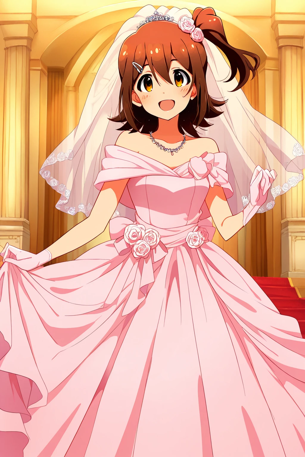 masterpiece,best quality,very aesthetic,absurdres,highres,newest,official art,official style,
1girl,solo,
kasuga mirai,brown eyes,brown hair,hairclip,hair ornament,hair between eyes,one side up,side ponytail,medium hair,
wedding dress,pink dress,
<lora:eye_focus_illus:1>,eye_focus,
<lora:idolmaster_kasuga_mirai_ill_v1.0:1>,