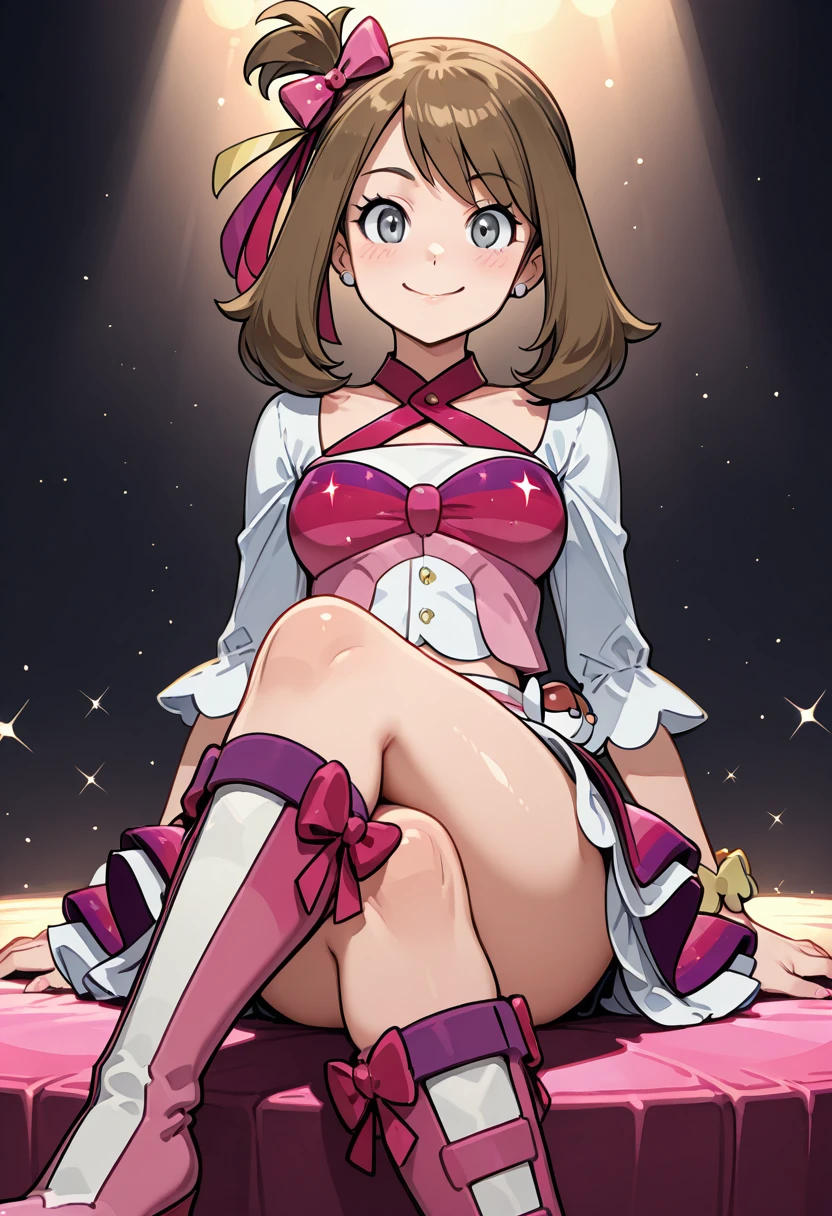 masterpiece, best quality, solo, curvy, beautiful eyes, zzMayIdol, grey eyes, brown hair, medium hair, one side up, hair ribbon,,, skirt, bow, ribbon, jewelry, hair bow, boots, bracelet, cosplay, idol, <lora:MayContestPokemon_IXL_v2:1.0>,sitting, crossed legs, upper body focus, smile, looking at viewer, shiny skin,