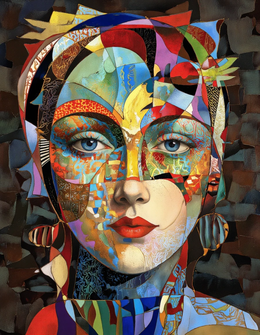 Art by Tigran Matulian. A vibrant, abstract digital illustration of a woman's face from a portrait camera angle, showcasing a colorful, stylized portrait of a person with intricate, geometric patterns and vibrant colors. the subject, a woman, is depicted in the center of the image, facing the viewer with her large, expressive blue eyes looking directly at the viewer. her face is adorned with a variety of geometric shapes and patterns, including triangles, squares, rectangles, and rectangles in various colors such as red, blue, green, yellow, and purple. her lips are parted slightly, revealing a hint of red, and she has a serene expression. the background is filled with a dark, abstract pattern of various shapes and lines, creating a sense of depth and dimension. the overall style is reminiscent of pop art, with bold lines and bright colors that bring out the intricate details of the face, making it a visually striking piece of art.