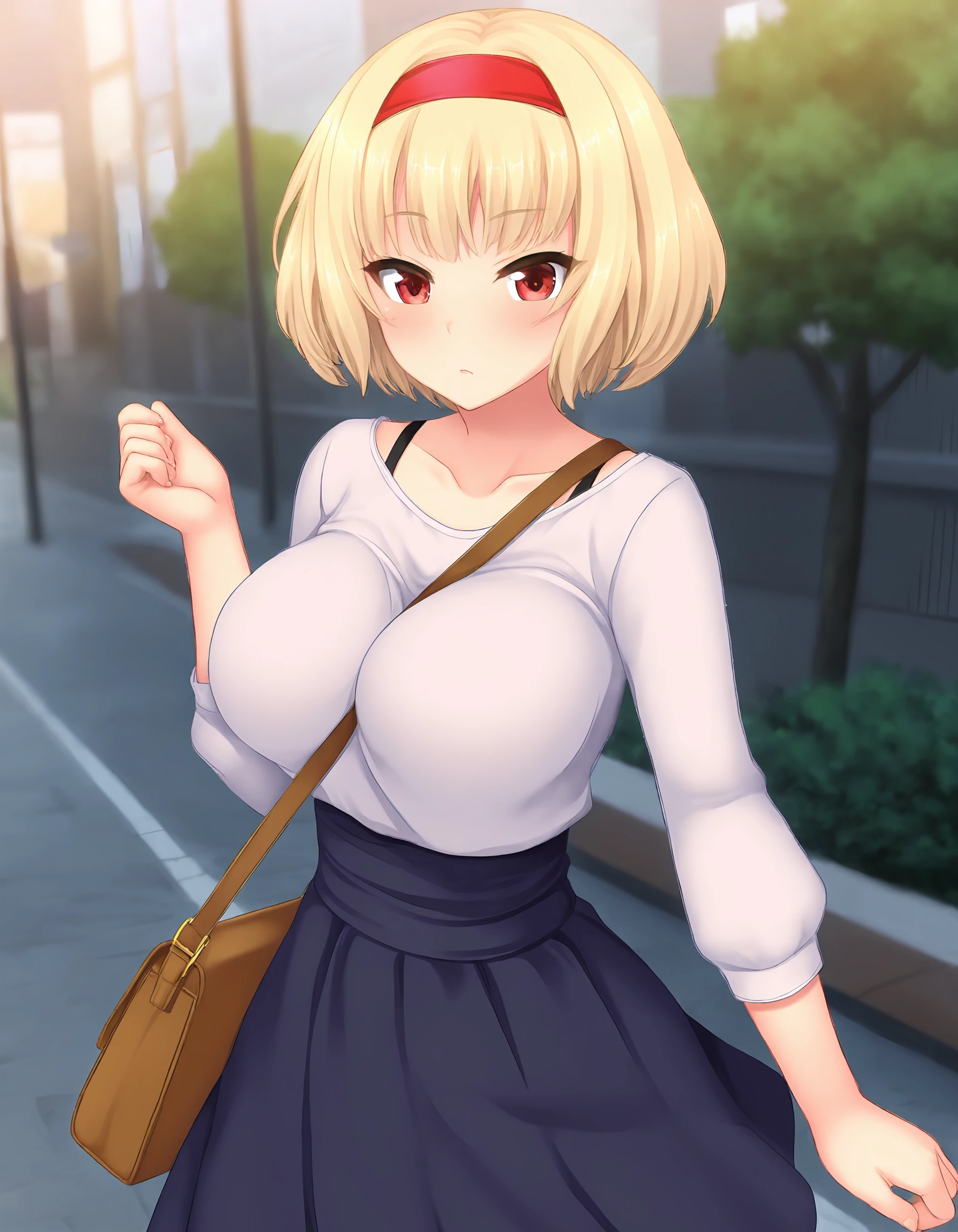 saeki kaori, parted bangs high ponytail, blonde, purple eyes, White sleeveless turtleneck black pencil skirt,
jewelry, put your hand on your chest,See-through, looking at the viewer, hair ornaments, choker, shy,
(huge breasts:1.2, Upper body, from below, camel toe, white panties, lift skirt,)
(masterpiece, highest quality, highest quality, official art, beautiful and aesthetic:1.2), (1 girl), very detailed, colorful, most detailed,
city,street, leaning, wall, sun, cloud, nsfw:1.5, armpits, lift shirt