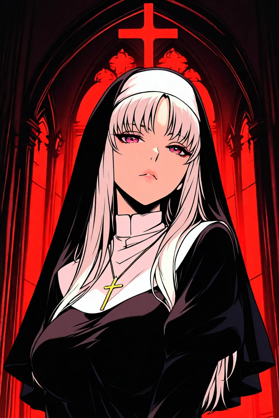 1girl, solo, alone, nun, cross necklace, <lora:neo_noir_melancholic_style_illustriousXL:1>, neo_noir_melancholic, masterpiece, highres