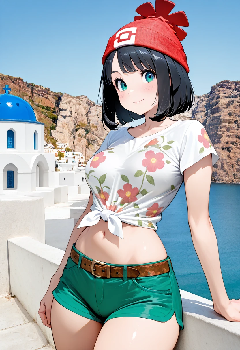 masterpiece, best quality, medium breasts, (curvy), narrow waist,    BREAK, zzSelene, 1girl, solo, black hair, green shorts, red headwear, beanie, shirt, tied shirt, floral print, short hair, short sleeves, short shorts, striped, white shirt, belt, <lora:SelenePokemon_NAI:1.0>,smile, looking at viewer, cowboy shot,   zzSantorini,  ,<lora:SantoriniBuildings_IXL_v1:0.8>,