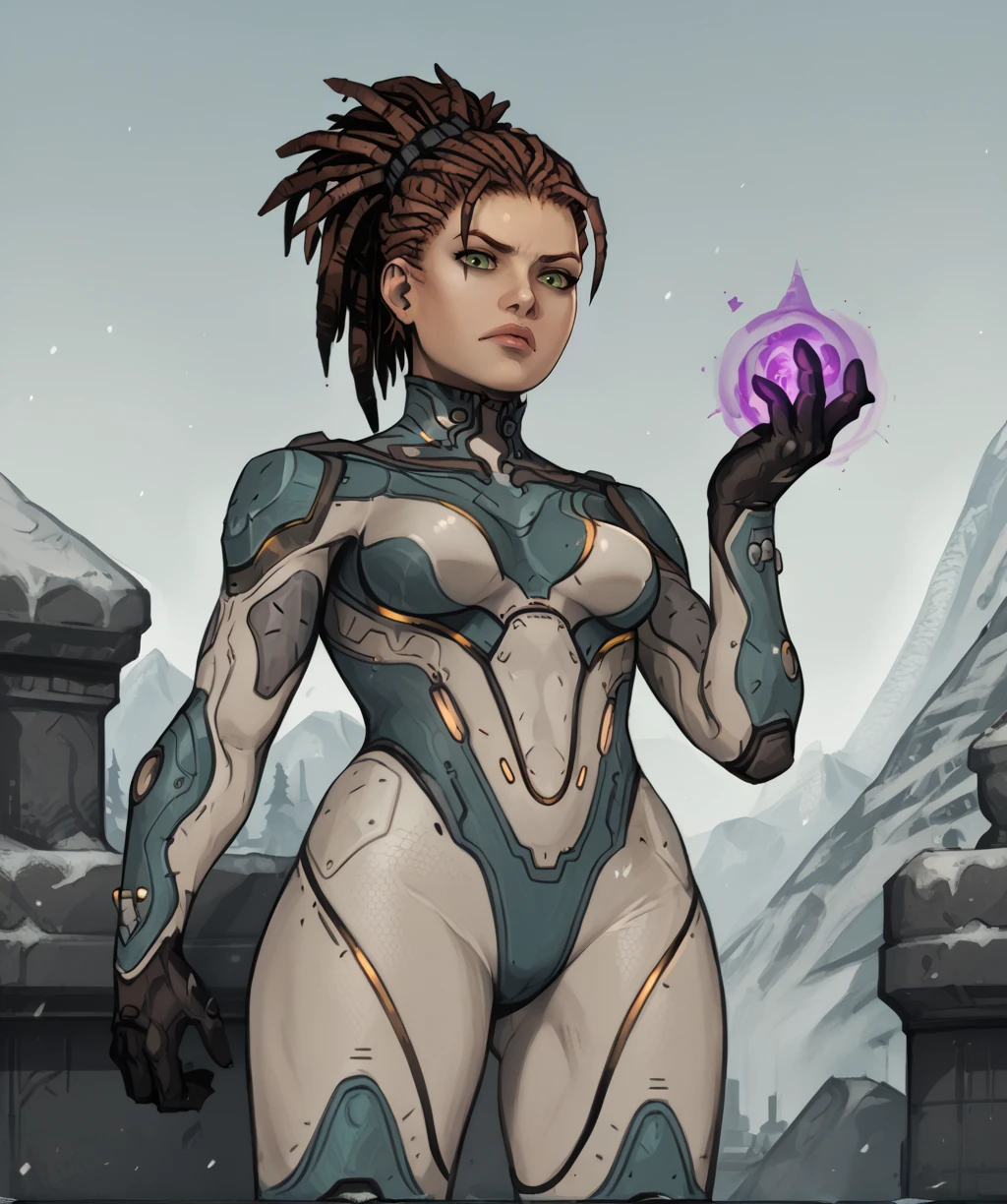 score_9, score_8_up, score_7_up, score_6_up, score_5_up, score_4_up,
kerriganxl, dreadlocks, ponytail, green eyes,
armor, white bodysuit, gloves, skin tight, purple magic, hand raised,
hip, from below, looking at viewer, serious,
science fiction, outdoors, winter, solo,
<lora:sarahkerriganxl-12v6v2:0.9>,