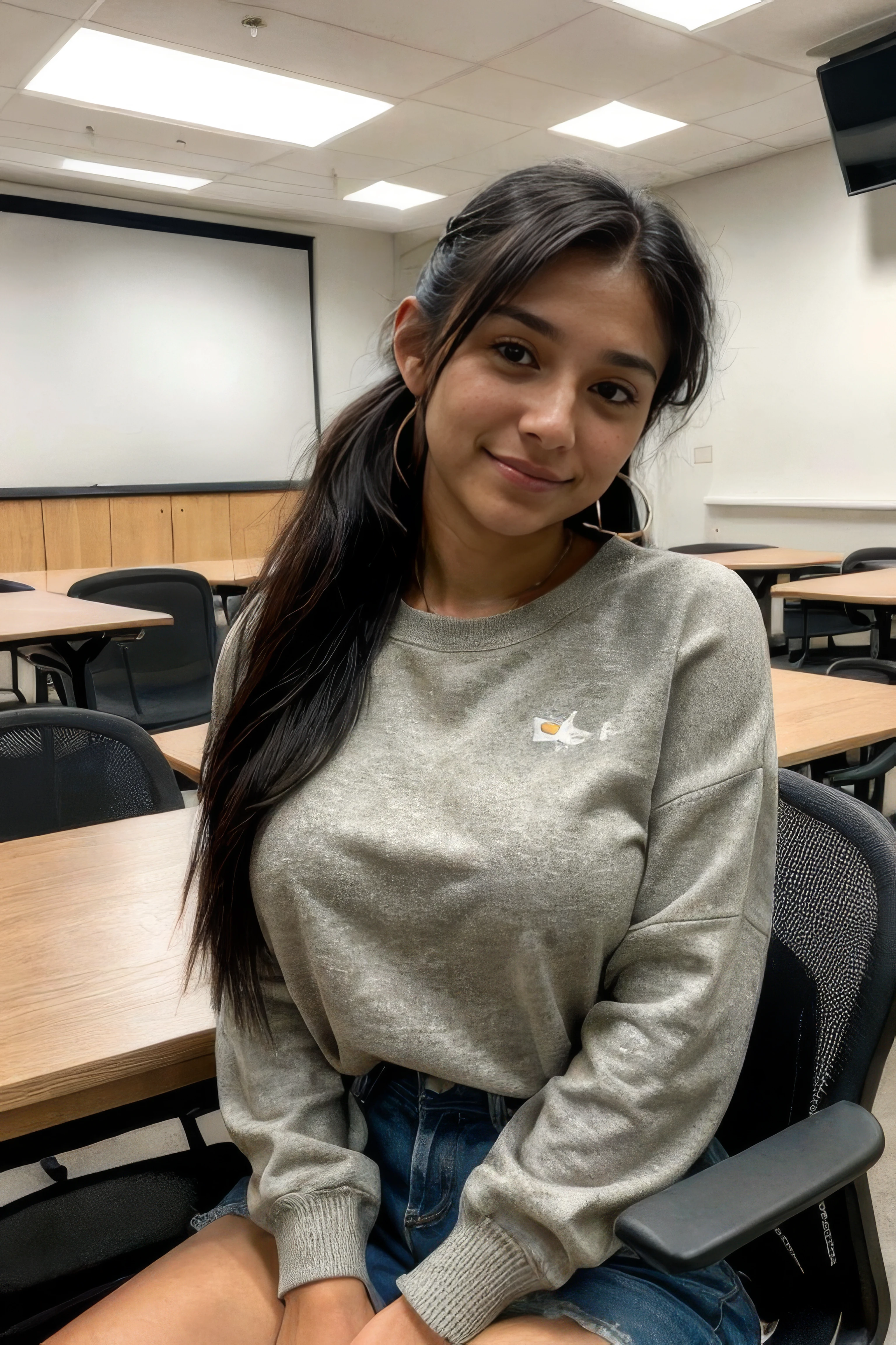 photo of 18 y.o cute latina girl, dark skin, ponytail hair, black hair, glasses, slight smile, oversized sweater, shorts,full body, A modern college lecture hall with tiered seating,ambient LED lighting, minimalist design, soft lightning,