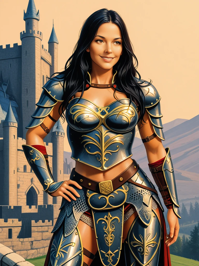 <lora:Mia:0.7>
miawar,,long hair, dark hair,, armor,,
cowboy shot, hand on hip, smile
standing on a castle, looking off into the distance