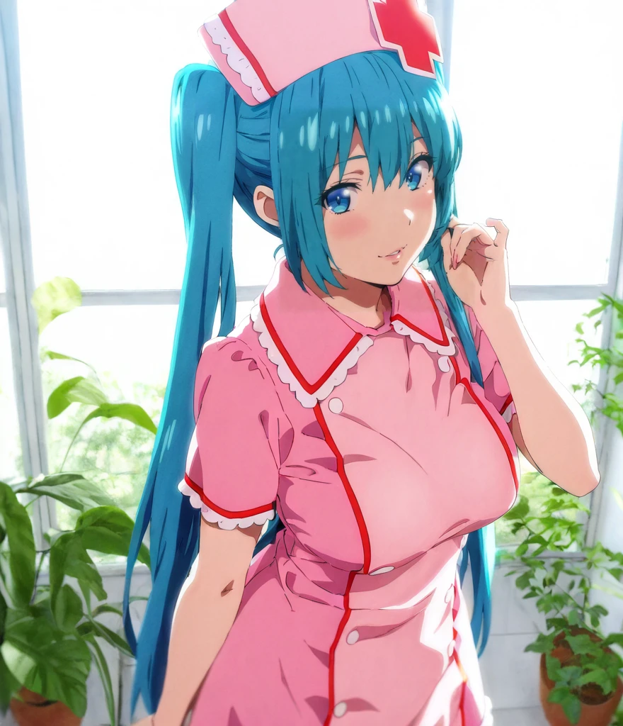 1girl, nurse miku, large breasts, blue eyes, garden background, masterpiece, highly detailed, imaria <lora:Nurse_Miku_Illustrious:1> <lora:imaria.il:1> <lora:ill_may_AI_SLOP:-1>