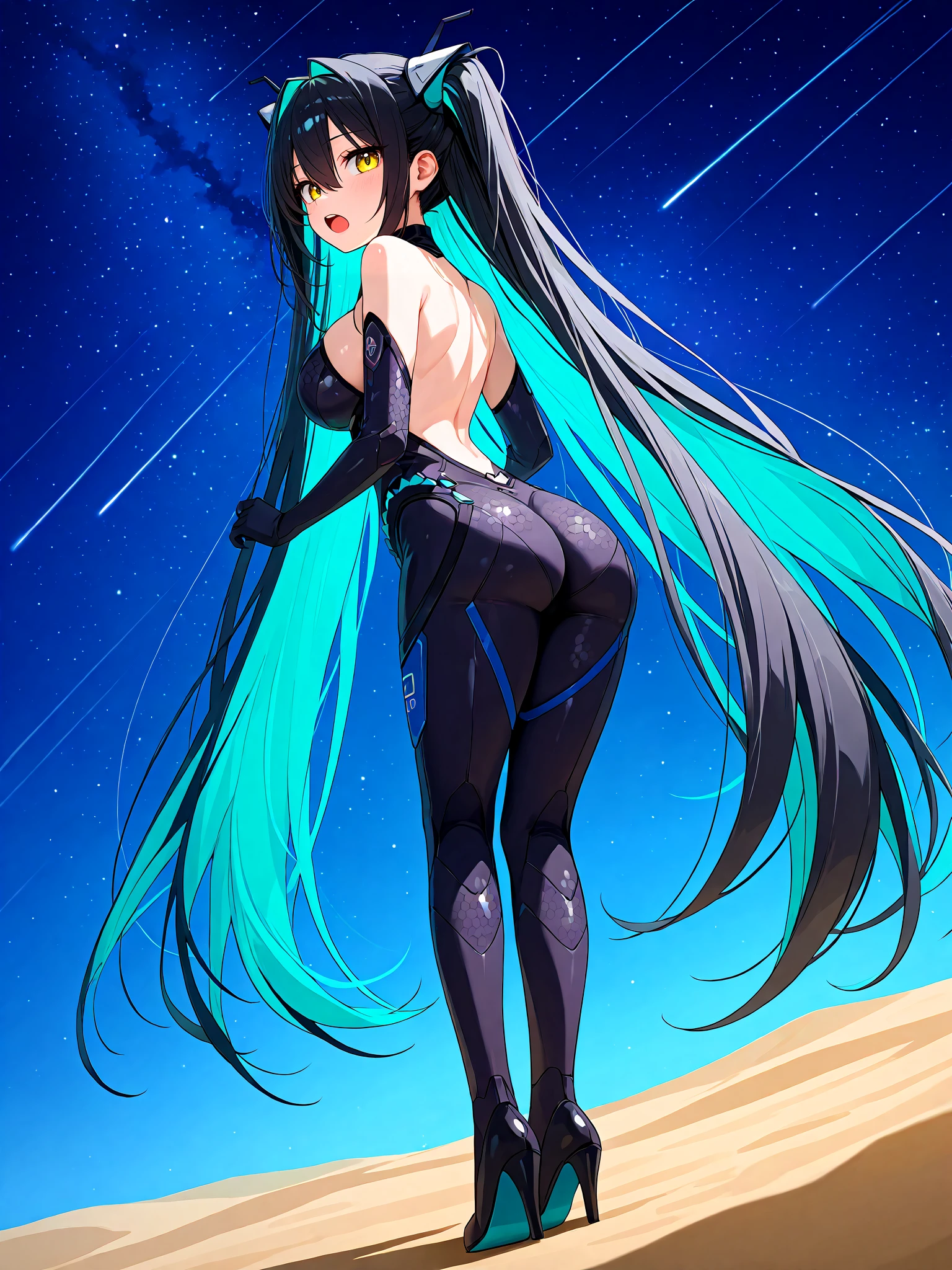 score_9, score_8_up, score_7_up, 1girl, solo, BREAK,
sirenlittlemermaidnikke, very long hair, hair intakes, twintails, hair between eyes, multicolored hair, colored inner hair, two-tone hair, black hair, aqua hair, yellow eyes, large breasts, BREAK,
black bodysuit, backless bodysuit, halterneck, covered navel, bare shoulders, gloves, hexagon print, honeycomb \(pattern\), honeycomb print, <lora:Little_Mermaid_Siren:1>, high heels, BREAK,
from behind, full body, looking back, looking at viewer, open mouth, BREAK,
grass, sand, starry sky background, gradient background, pink background, blue background