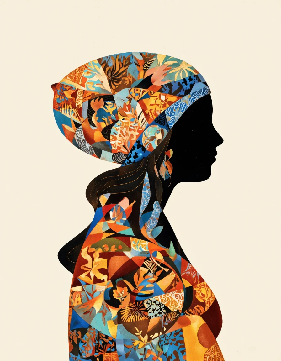 Art by Tigran Matulian. A digital illustration shoot from a profile camera angle about a stylized silhouette of a woman with a colorful headscarf adorned with intricate patterns and floral elements. the image also shows vibrant colors, geometric shapes, and floral motifs. on the middle of the image, a woman who appears to be in her mid-twenties, with her upper body facing the viewer, is standing. she is facing away from the viewer and her eyes are closed, giving a serene expression. her hair is styled in a long, flowing manner, and she is wearing a colorful, patterned head wrap with a floral design. the head wrap is adorned with various floral elements, including flowers, leaves, and geometric patterns in shades of blue, orange, and yellow. the background is a plain, light beige color, and the overall style is reminiscent of modern art with a mix of geometric shapes and floral patterns.