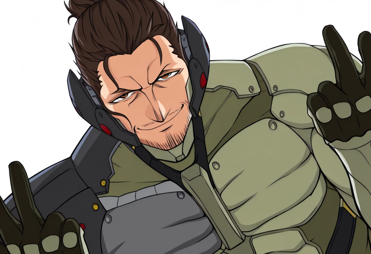 masterpiece, best quality, high quality, hakaridance, <lora:JetstreamSam_illusXL_Incrs_v1:0.8>, 1boy, JetstreamSam, brown eyes, cyborg, bodysuit, headgear, beard, simple background, white background, upper body, looking at viewer, half-closed eyes, smirk, hands up, dutch angle, <lora:hakari_dance_-_IL:1>