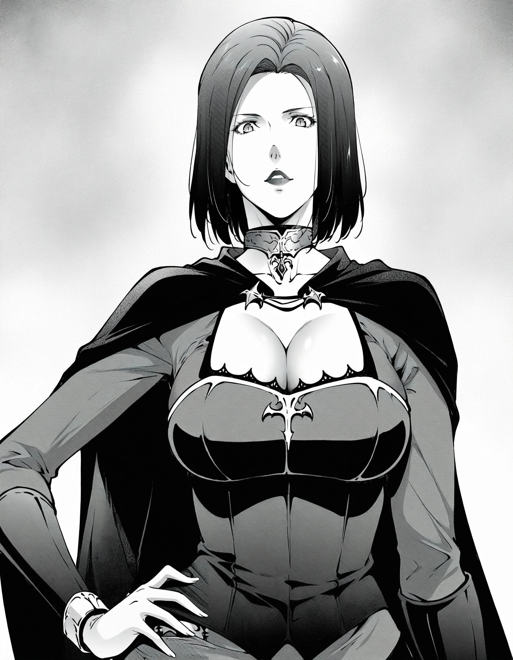 masterpiece, high quality,
toumaill, monochrome, greyscale,
seranaill, 1girl, solo, collar, large breasts, looking at viewer, cape, vampire outfit, short hair, lips, cleavage, lipstick, medium hair,hand on own hip,
<lora:toumaill:1>, <lora:seranaill2:0.5>