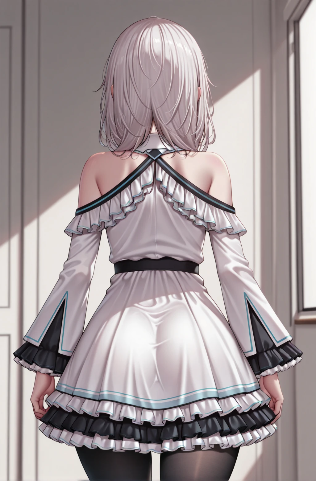masterpiece,best quality,amazing quality,
1girl,nebelkanacasual frilled dress, cowboy shot,bare shoulders, detached collar,from behind  <lora:KanaNebelCausalRebornV1-IXL:1>