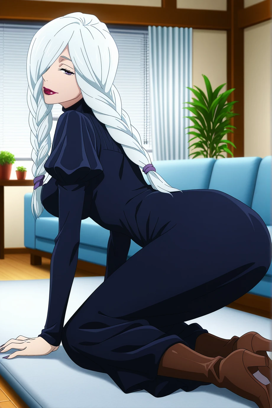 absurdres, masterpiece, best quality, very aesthetic, 1girl, solo,
anime coloring, <lora:MeiMei-IL-v1-08:0.9>, ChopioMeiMei, white hair, looking at viewer,
medium breasts, purple nails, long fingernails, wide hips,
long hair, braided ponytail, hair tie, front ponytail, hair over one eye, purple eyes, red lipstick, half-closed eyes,
outfit_1, dark blue dress, turtleneck dress, juliet sleeves, high heel boots, brown footwear,
japanese living room, potted plant, window, blinds, blue sofa, all fours, from side, full body,