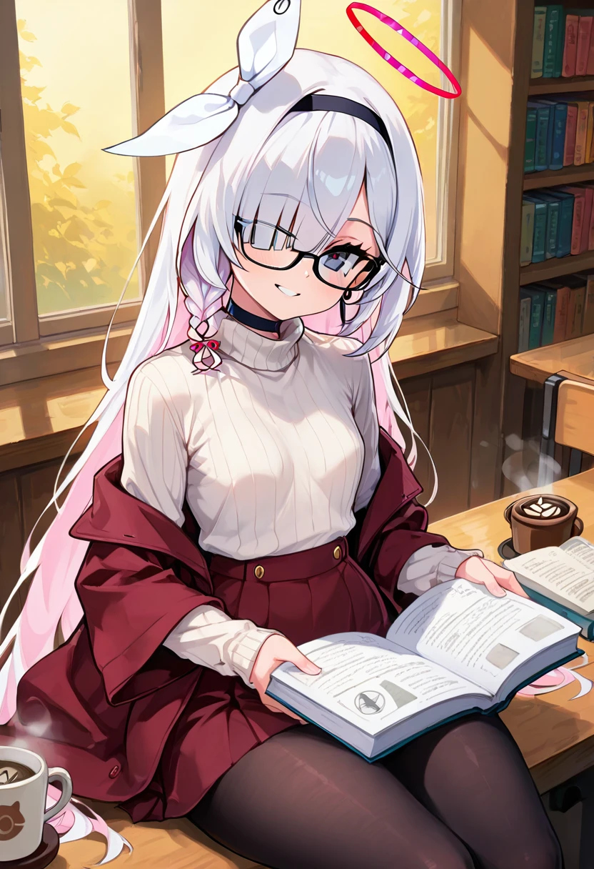 masterpiece, best quality, solo, curvy, beautiful eyes,  narrow waist, wide , zzPlana, grey eyes, white hair, bangs, braid, ribbon, halo, hair over one eye, black choker, bow hairband, hairband,  dynamic angle, foreshortening, close up, smile, looking at viewer,   ,       <lora:PlanaBlueArchiveIXL:1.0>, [Cozy Intellectual Charm], Warm turtleneck sweater, small hoop earrings, reading glasses, soft scarf, Sitting at a wooden table in a quiet library, steam curling from a coffee cup, surrounded by books and ambient golden lighting through tall windows.
