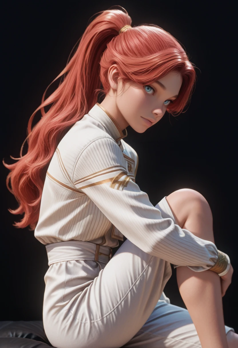 masterpiece, very aesthetic, best quality, absurdres, newest,
<lora:ILE3Maelle:1.0>
E3Maelle, 1girl, red hair, long hair, ponytail, blue eyes, looking at viewer, sitting, from the side, back lighting, knee up, black background