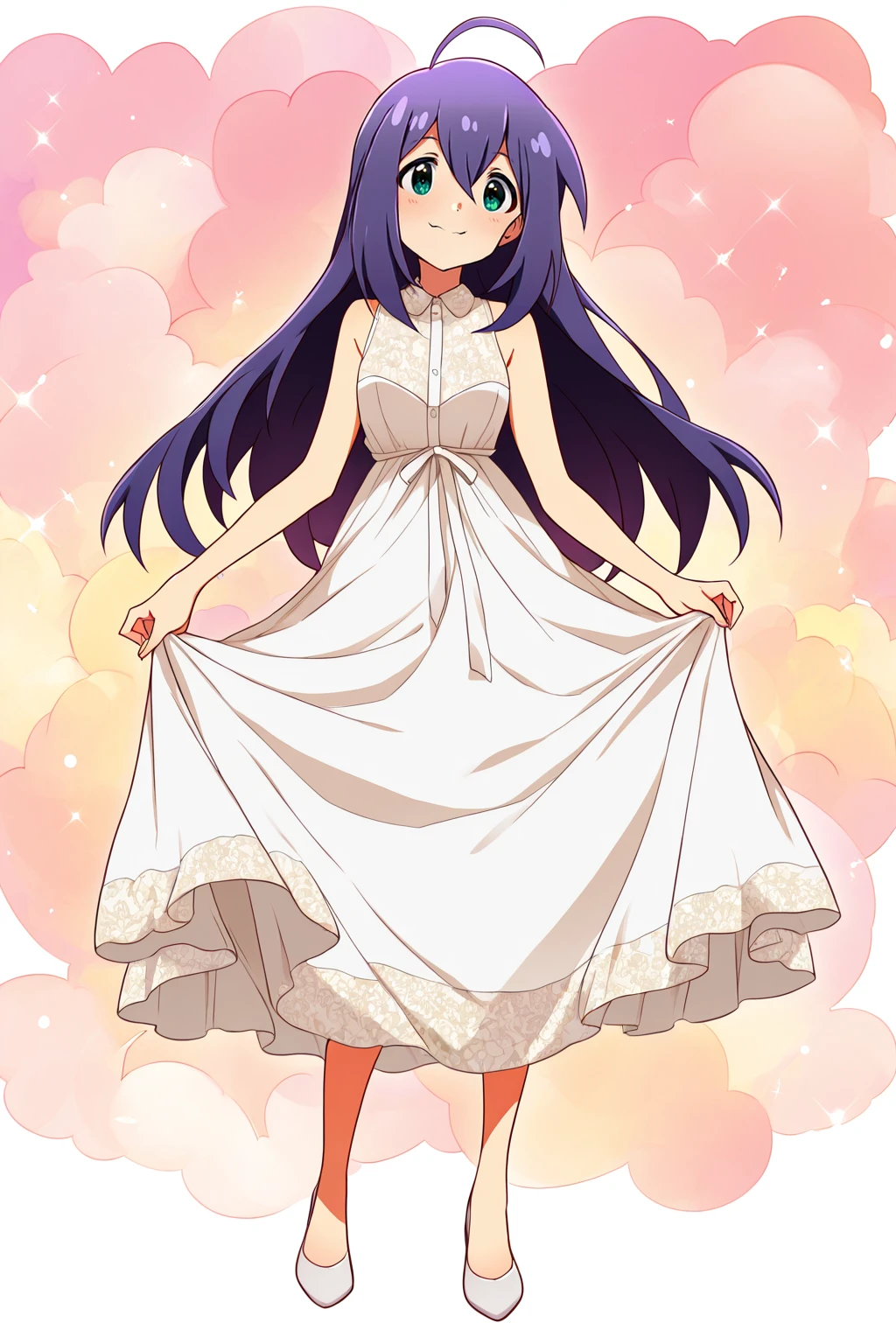 masterpiece,best quality,very aesthetic,absurdres,highres,newest,official art,official style,
1girl,solo,
mochizuki anna,purple hair,green eyes,ahoge,
dress,white dress,sleeveless dress,
<lora:eye_focus_illus:1>,eye_focus,
standing,full body,
<lora:idolmaster_mochizuki_anna_ill_v1.0:1>,