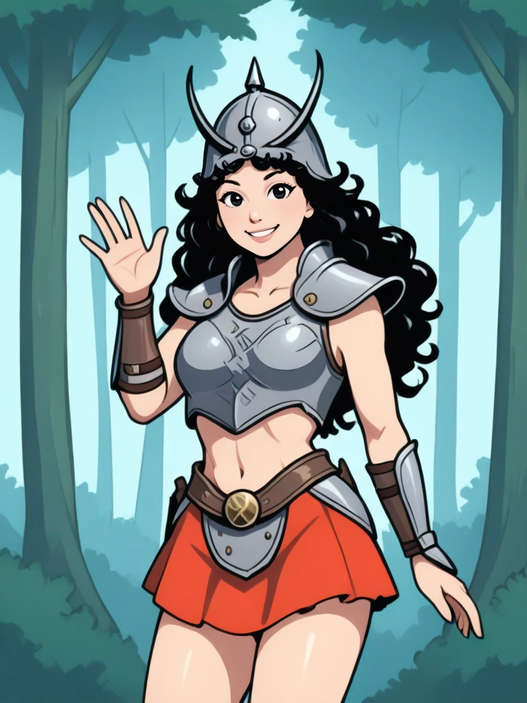 <lora:Telerie:0.7>
telerie,,long hair, black hair, curly hair,,armor, midriff, skirt, helmet,, looking at viewer, smiling, waving
forest, solo