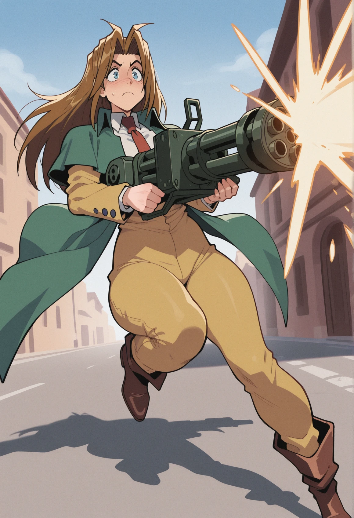 masterpiece, best quality, amazing quality, milly thompson (trigun), brown hair, holding gun, minigun, red tie, white shirt, green coat, dynamic pose, outdoors, street, firing