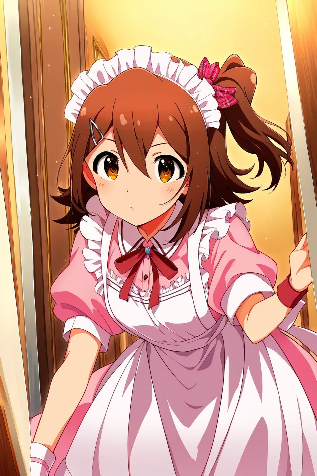 masterpiece,best quality,very aesthetic,absurdres,highres,newest,official art,official style,
1girl,solo,
kasuga mirai,brown eyes,brown hair,hairclip,hair ornament,hair between eyes,one side up,side ponytail,medium hair,
maid,maid headdress,pink dress,white apron,
<lora:eye_focus_illus:1>,eye_focus,
<lora:idolmaster_kasuga_mirai_ill_v1.0:1>,