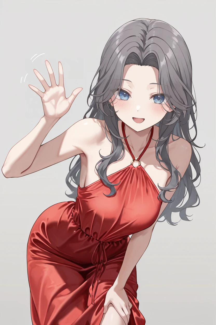 masterpiece, best quality, very aesthetic, newest, absurdres, highres,
1girl, solo,
<lora:OriharaSumikaIllustriousV1:1> oriharasumika, long hair, wavy hair, parted bangs, dark grey hair, blue eyes,
hand on hip, palm waving, leaning forward, dancing, open mouth, smile,
<lora:ChineseDudouKnotDressILL:0.8> red dudou dress, shoulders