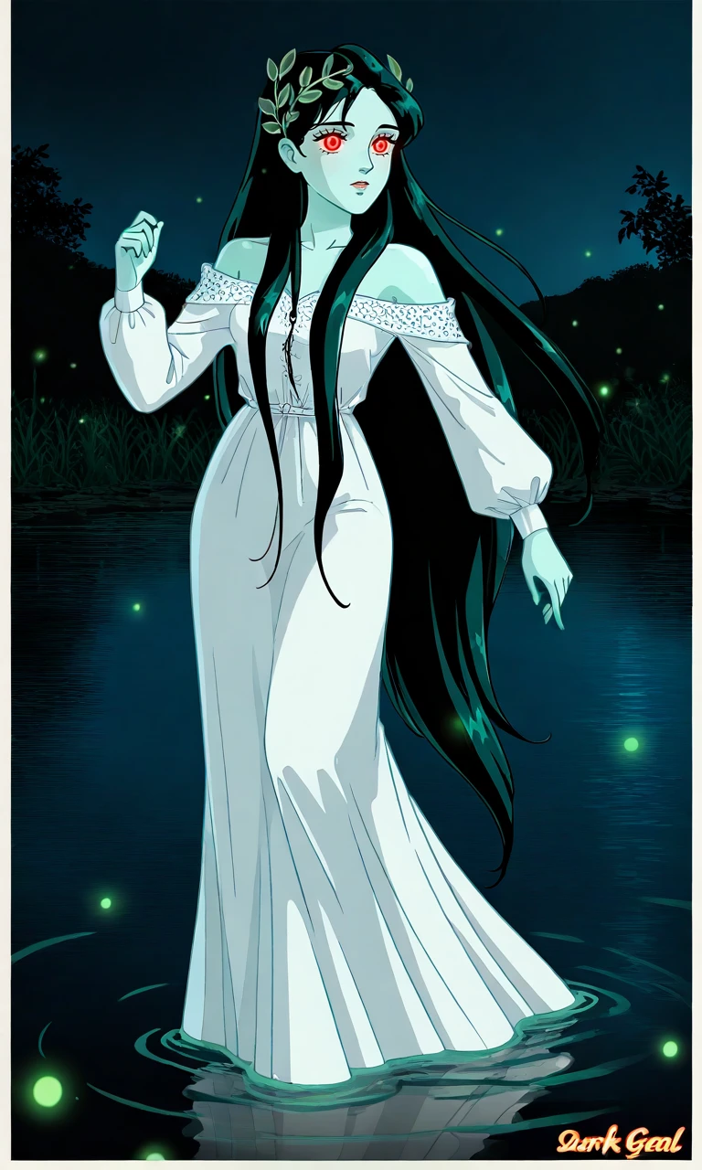 solo,1girl,dark teal hair,very long hair,leaf hair ornament,aqua skin,red eyes,off-shoulder dress,white dress,long dress,1930s fashion style,vintage clothes, misty lake, dark,glowing eyes, fireflies,night sky, black sky