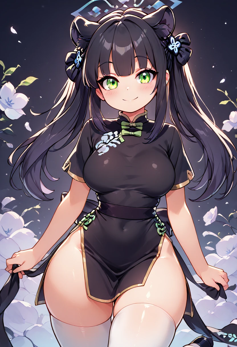 masterpiece, best quality, solo, curvy, beautiful eyes, narrow waist, wide hips, zzShun, green eyes, black hair, blunt bangs, long hair, animal ears, tiger ears, halo, animal ear fluff, twintails, tiger girl, extra ears, black dress, black footwear, china dress, shoes, short sleeves, white thighhighs, , <lora:ShunBlueArchiveIXL:1.0>, , smile, looking at viewer, cowboy shot, <lora:ZankuroStyle_NAI:1.0>,