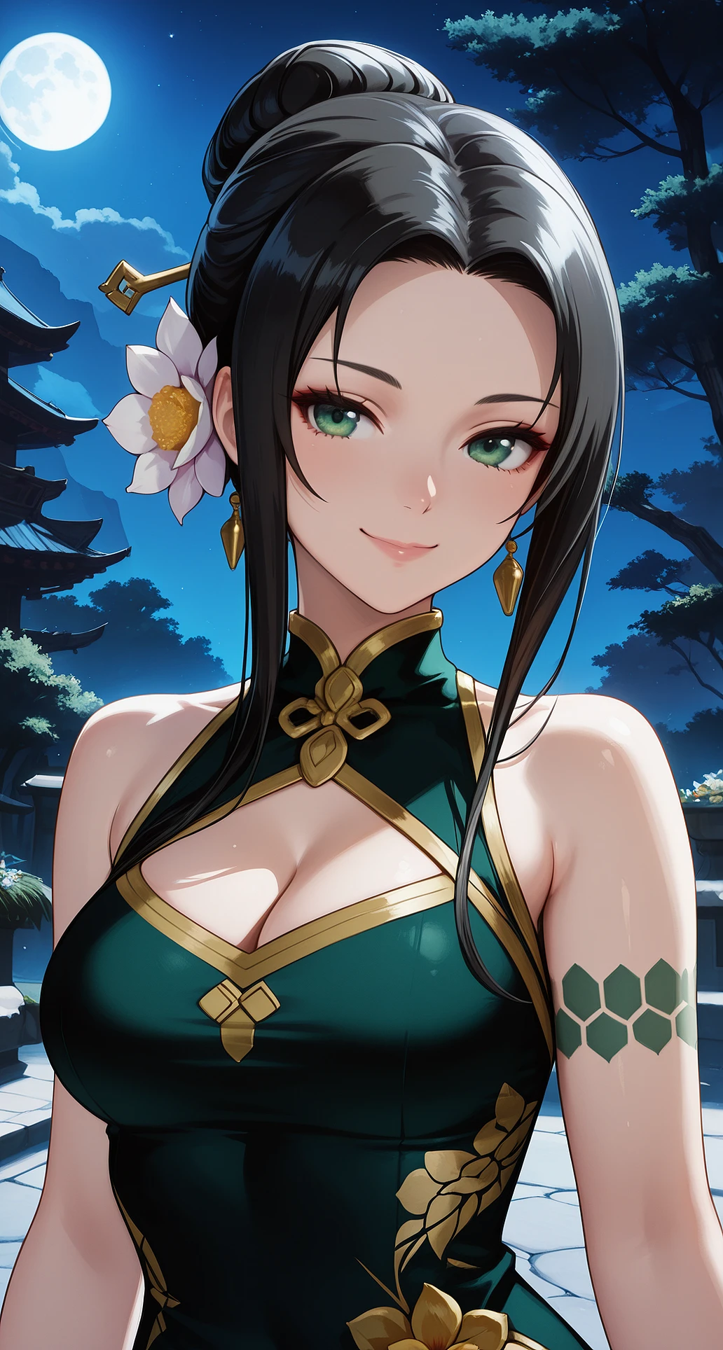 masterpiece, best quality, 1girl, solo, <lora:fujin-gi-richy-v1:0.9> fujin, hair ornament, hair rings, forehead jewel, earrings, orange dress, huge breasts, sideboob, looking at viewer, parted lips, mature female, smile, outdoors,