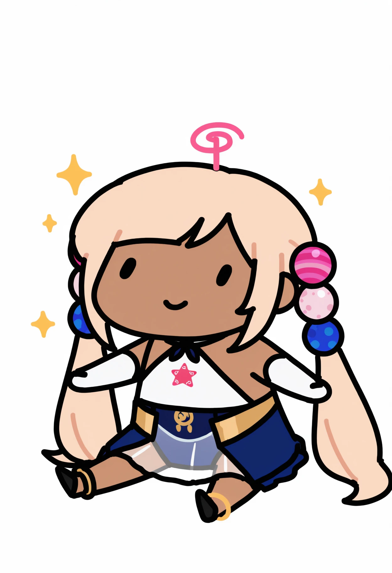 masterpiece, best quality, 1girl, solo, S4n4Base, dark skin, blonde hair, very long hair, twintails, planet hair ornament, limiter, white shirt, halter shirt, print shirt, sideboob, elbow gloves, white gloves, blue leotard, leotard under clothes, underbust, see-through skirt, white skirt, blue overskirt, anklet, sitting, on floor, smile, dot eyes, sparkles, spread arms, chibi, meme, thick lines, simple background, white background, <lora:style_walfie_illustriousXL-GLoRA:1>, <lora:ChamTsukumoSanaNoob:1>