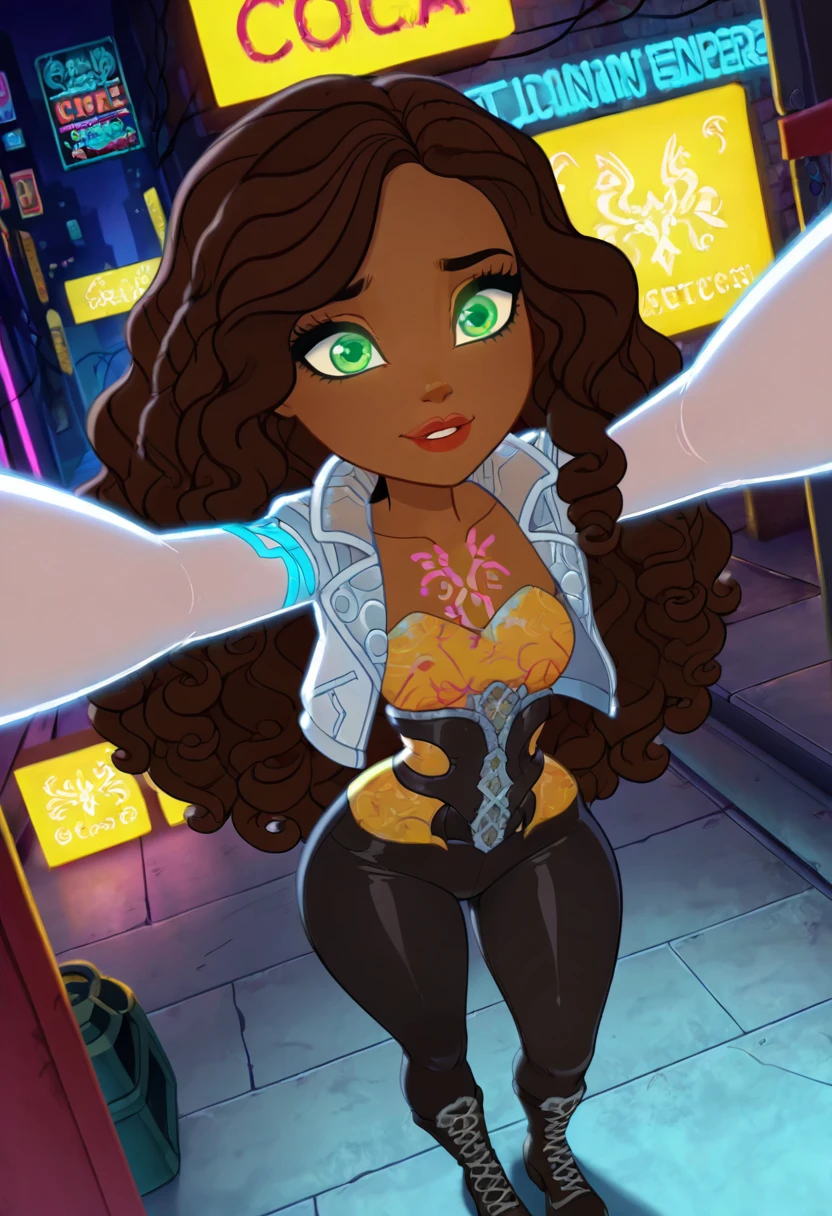 masterpiece, best quality, solo, curvy, beautiful eyes,  narrow waist, wide hips, zzJustine, green eyes, brown hair, curly hair, long hair, wavy hair, dark skin,   ,     <lora:JustineDancerEAH_IXL:1.0>,  dynamic angle, foreshortening, close up, [Cyberpunk Underworld], Futuristic leather jacket, neon tattoos, black pants, combat boots, glowing contacts, Standing in a neon-lit alley surrounded by digital billboards and pulsing city energy.