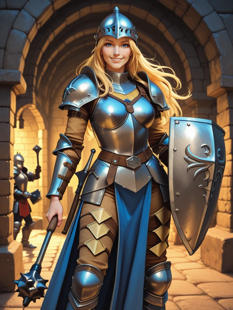 <lora:Aleena__Dungeons__Dragons:0.7>
aleena,,long hair, blonde hair, blue eyes,,
armor, helmet, mace, shield,,
standing in a dungeon, looking at viewer, smiling