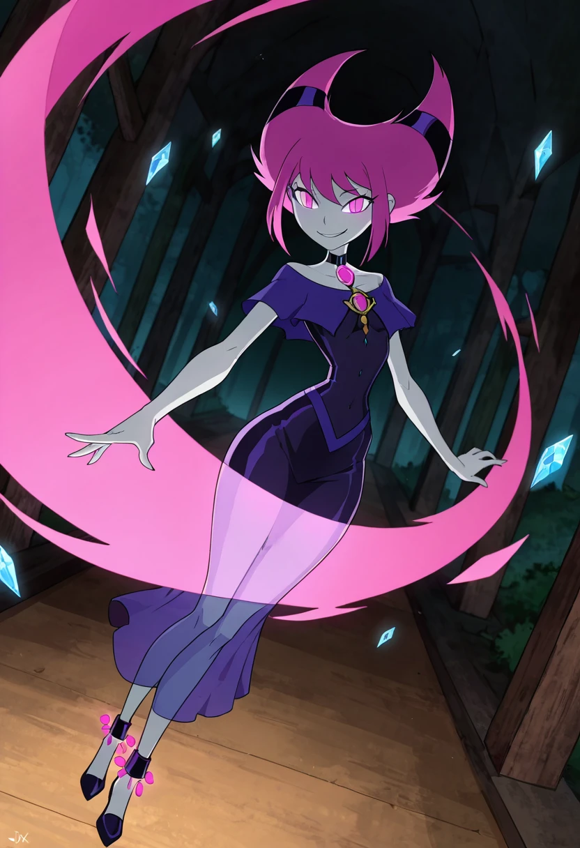 masterpiece, best quality, solo, curvy, beautiful eyes,  narrow waist, wide hips,  jnx, pink eyes, pink hair, grey skin, hair up, pale skin, medium hair, hair horns, short hair, colored skin, smile, looking at viewer,   ,       <lora:JinxTT_IXL:0.8>,   dynamic angle, foreshortening, close up, [Dreamcore Mirror Realm], Translucent gown, crystal anklets, Moving through a foggy surreal forest with floating mirrors and glowing shards, in a dreamlike state.