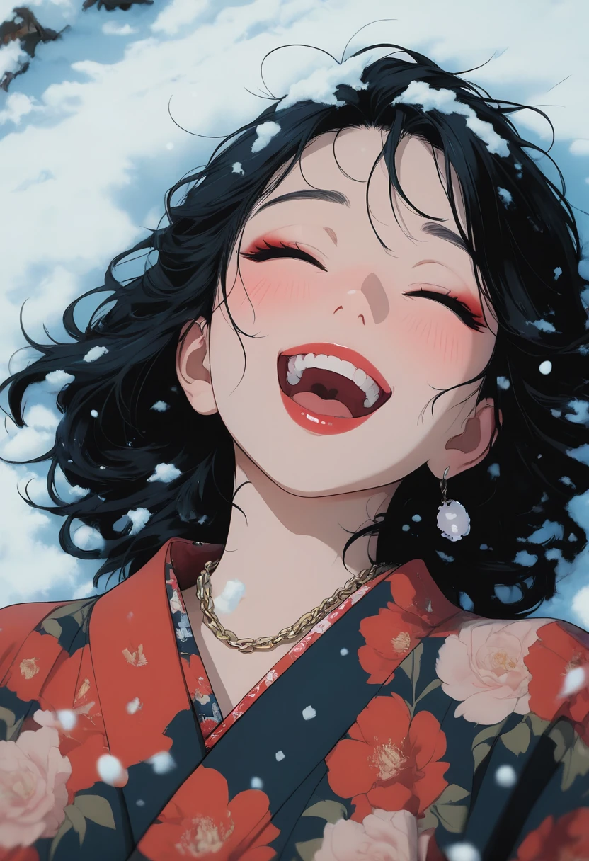 masterpiece, best quality, amazing quality, LDSCH, aesthetic, 1girl, solo, blush, smile, open mouth, black hair, jewelry, upper body, closed eyes, outdoors, earrings, lying, teeth, japanese clothes, medium hair, on back, kimono, necklace, upper teeth only, makeup, floral print, portrait, snow, snowing, red lips, print kimono, laughing, chain necklace