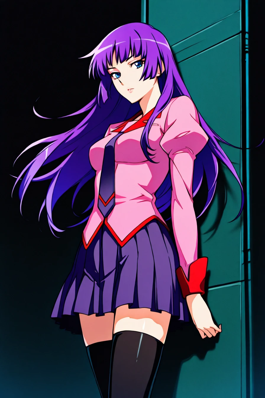 hitagi senjougahara, bangs, long hair, blue eyes, purple hair,skirt, thighhighs, school uniform, necktie, black thighhighs, zettai ryouiki, naoetsu high school uniform, 1girl, solo, alone,<lora:neo_noir_melancholic_style_illustriousXL:1>, neo_noir_melancholic, masterpiece, highres