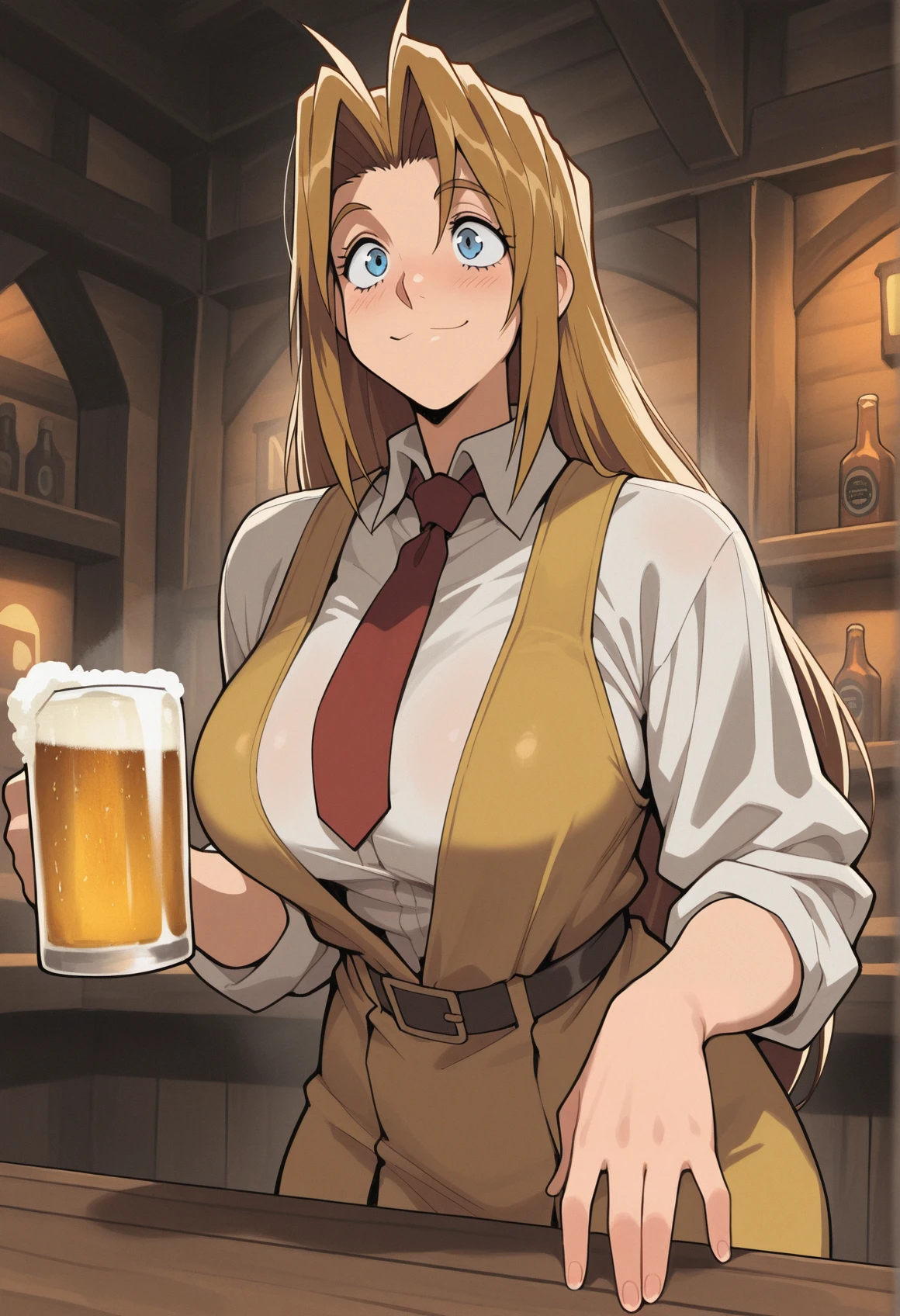 masterpiece, best quality, amazing quality, milly thompson (trigun), white shirt, blue eyes, amused, red tie, indoors, inside pub, foggy atmosphere, holding beer, solo
