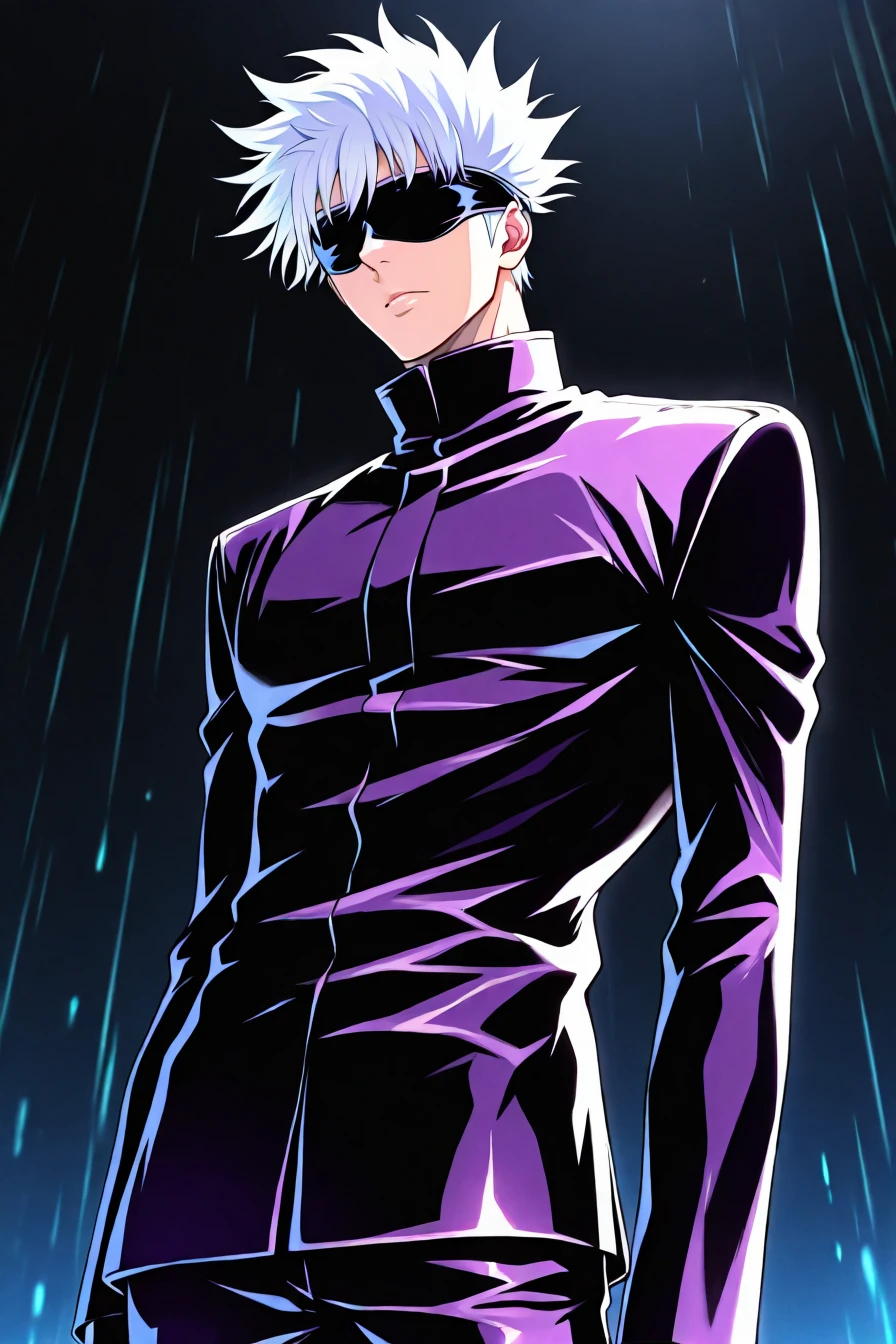 gojou satoru, white hair, purple pants, high collar, blindfold, covered eyes, black blindfold, purple jacket, purple pants, 1boy, solo, alone,<lora:neo_noir_melancholic_style_illustriousXL:1>, neo_noir_melancholic, masterpiece, highres