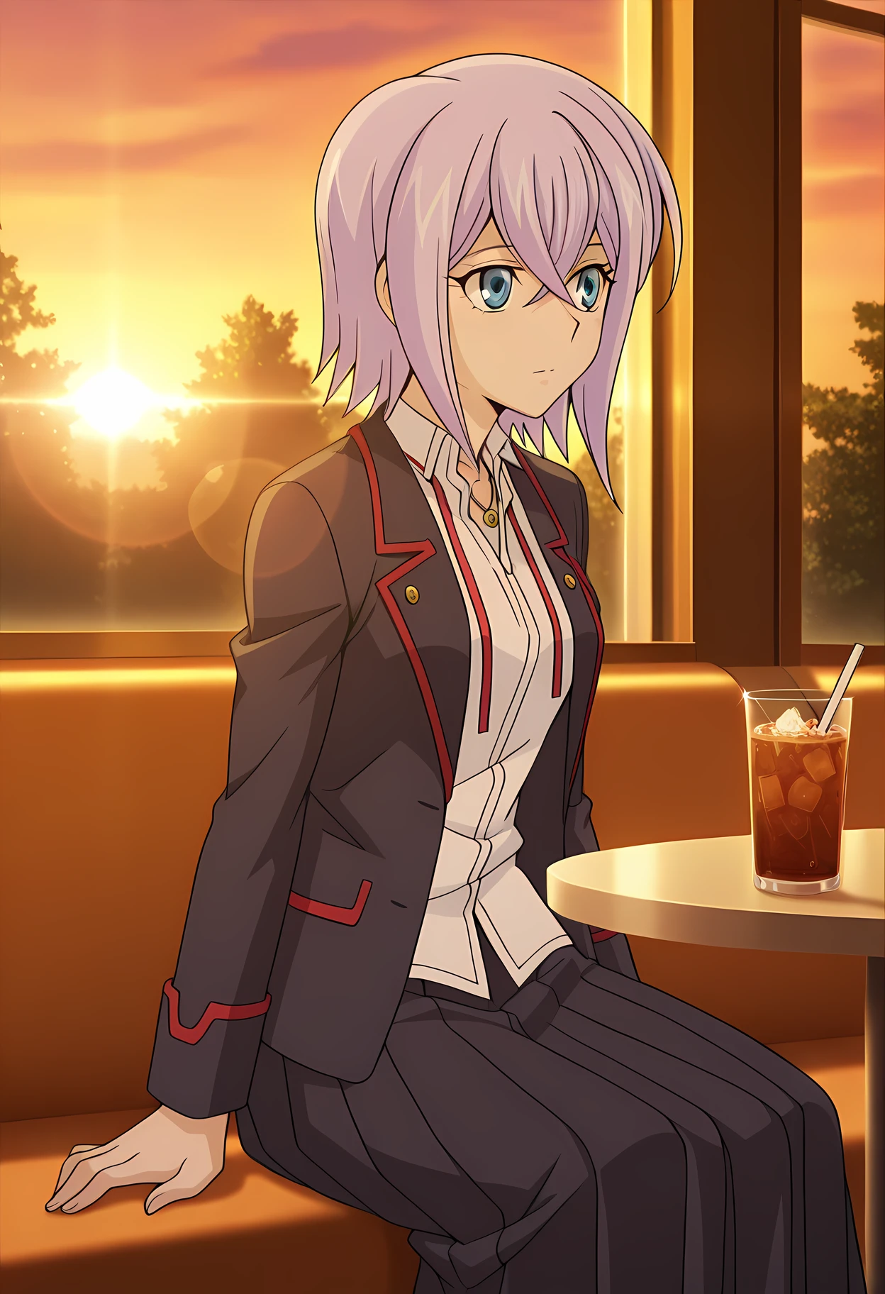 masterpiece,best quality,amazing quality,
1girl, solo, face focus,
Misaki Tokura (Cardfight Vanguard), short hair, purple hair, blue eyes, hair between eyes, school uniform, necklace, jewelry, shirt, jacket, blazer, long skirt, pleated skirt, black footwear,
cinematic, upper body, iced tea,
Sit, sitting, glass, cafe, greenery,
afternoon, sunset,
Lens flare, bloom,
Official style, anime screencap, anime coloring,