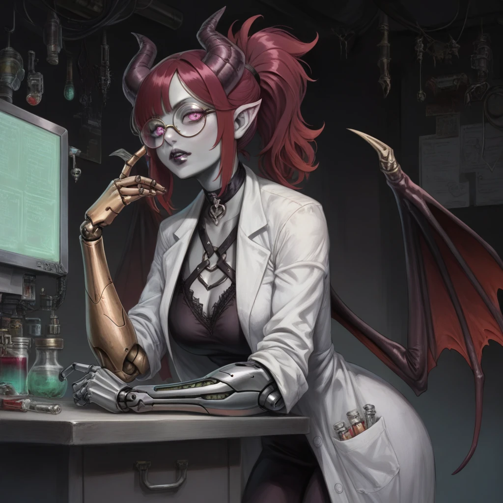 masterpiece, best quality, newest, absurdres, highres, DFAV1.5, 1girl, succubus, grey skin, goth, goth girl, goth makeup, grey colored skin, red hair, demon girl, horns, wings, bat wings, demon wings, red wings, lab coat, coat, single mechanical arm, glasses, round glasses, ponytail, high taied ponytail, side bangs, pink eyes, prosthesis, prosthetic arm, medium breasts, pointy ears,