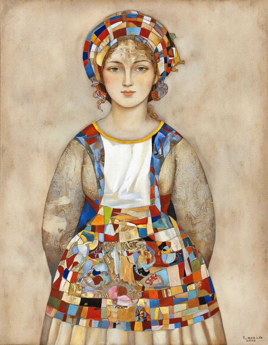 Art by Tigran Matulian. A portrait of a woman, painted in a realistic style with vibrant colors and intricate patterns. the woman is positioned in the middle of the image, facing the viewer with her eyes looking directly at the viewer. she has a neutral expression and is wearing a white dress with a yellow collar. the dress is made up of small, colorful squares and rectangles, creating a mosaic-like effect. the background is a textured, beige-colored paper, giving the image a warm and inviting feel. the artist's signature, "t. matilda," is visible in the bottom right corner, adding a personal touch to the artwork.