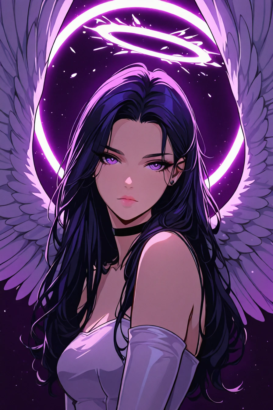 1girl, solo, alone, angel, wings, looking at the viewer,<lora:neo_noir_melancholic_style_illustriousXL:1>, neo_noir_melancholic, masterpiece, highres