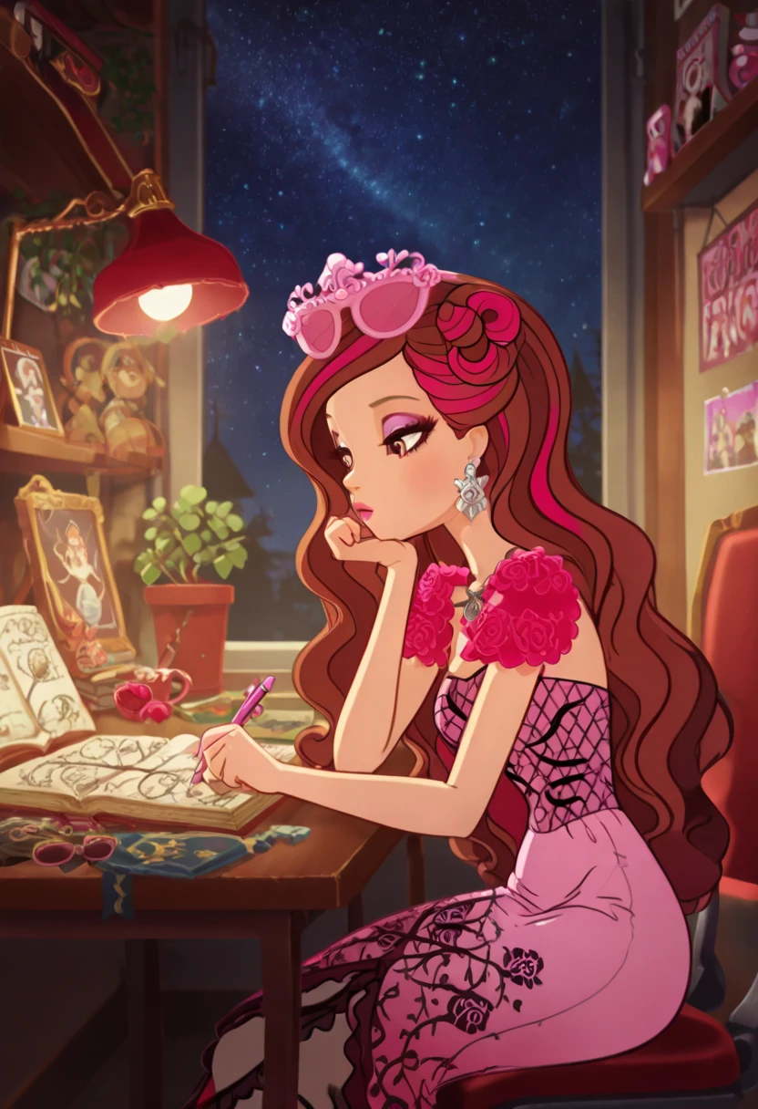 masterpiece, best quality, solo, curvy, beautiful eyes, narrow waist, wide hips, zzBriar, pink eyes, brown hair, long hair, multicolored hair, pink hair, red hair, streaked hair, two-tone hair, wavy hair, makeup, jewelry, sunglasses, eyewear on head, eyeshadow, earrings, dress, brown eyes, flower , <lora:BriarBeautyEAH_IXL:1.0>, , zzLofi, sitting, side view, desk, chair, book, bookshelf, head rest, holding, holding pen, lamp, night, open book, pen, plant, potted plant, sky, star (sky), starry sky, window, windowsill, writing, <lora:LofiGirl_Style_IXL:0.8>,