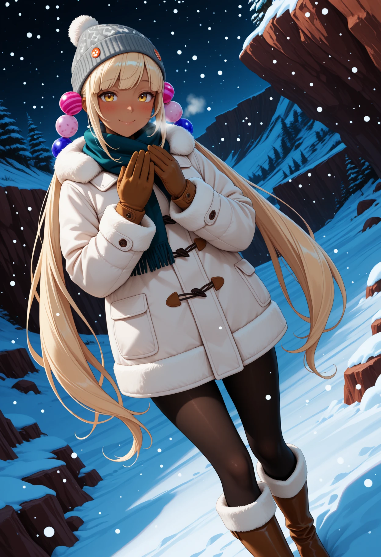 masterpiece, best quality, 1girl, solo, S4n4, dark skin, yellow eyes, blonde hair, very long hair, twintails, planet hair ornament, beanie, scarf, winter clothes, winter coat, fur coat, fur trim, gloves, pantyhose, knee boots, dutch angle, blush, heavy breathing, smile, looking at viewer, outdoors, nature, rock, cliff, snowing, snow, <lora:ChamTsukumoSanaNoob:1>