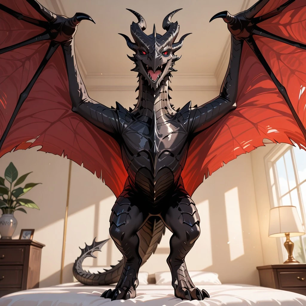 1boy, highres, absurdres, newest, masterpiece, best quality, furry, furry_male, alduin_skyrim, dragon, black scales, (wings, spread wings:1.3), horns, tail, male, 1boy, red sclera, red eyes, (black slit pupils:1.1), (quadruped, feral:1.3), detailed eyes, (standing:1.1), open_mouth, open mouth smile, luxurious detailed room, bright room, day scene, professional lighting, solo, bedroom, smiling, seductive, looking_at_viewer, masterpiece, close up, safe