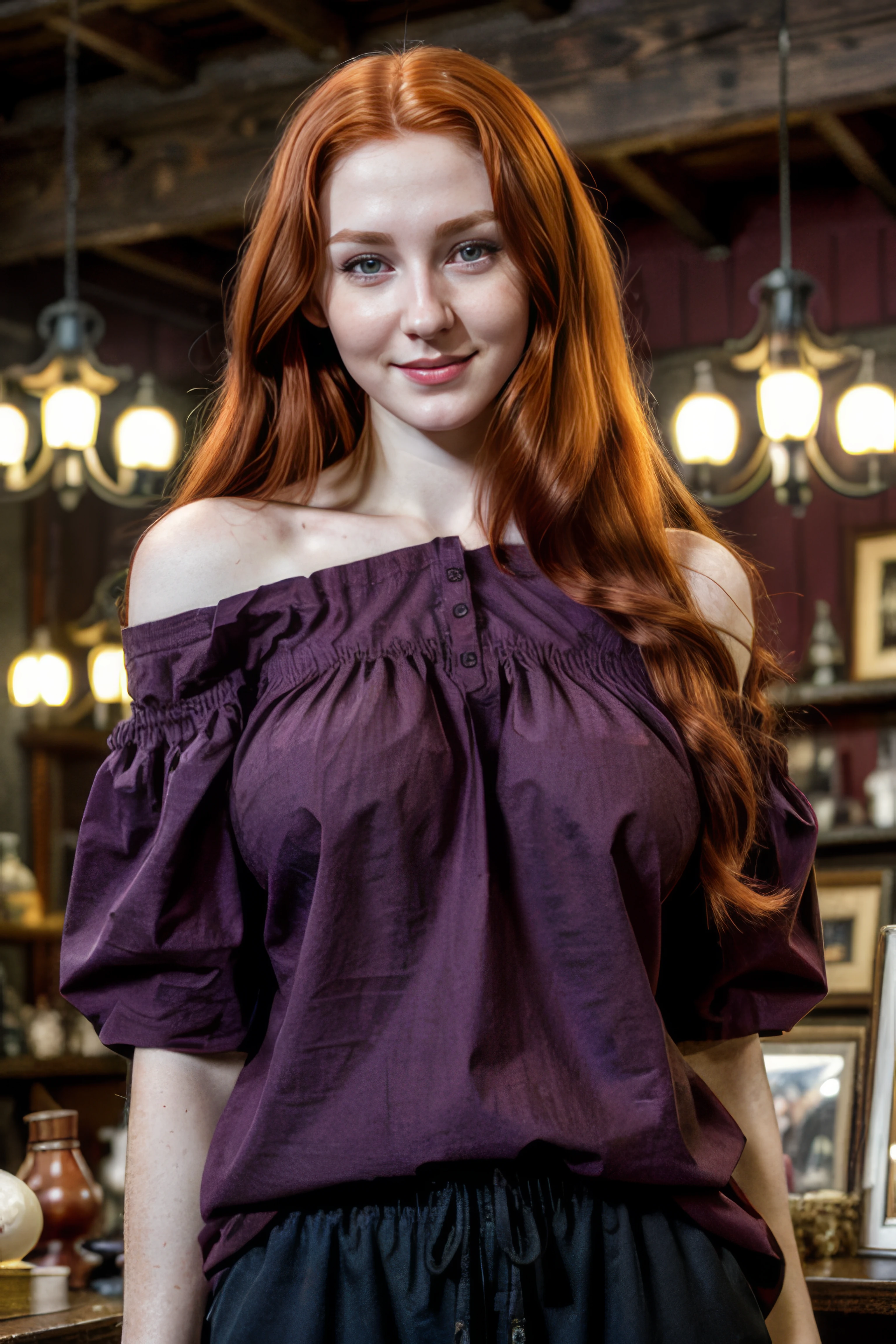 photo of a beautiful redheads , <lora:zhang:.25>, pale skin, long wavy hair, smile, red long hair,(oversized off shoulder dark red shirt:1.2), loose jogger pants, antique shop with lots of old items and wooden showcases, pawn shop, volumetric lighting, <lora:a:.31>, <lora:RussianDoll:0.15>