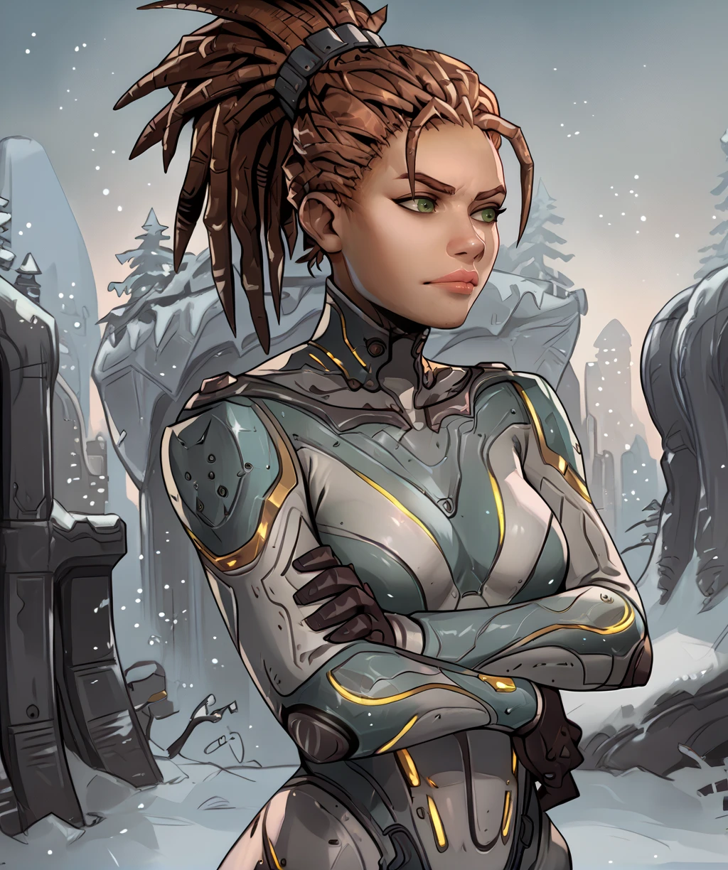 score_9, score_8_up, score_7_up, score_6_up, score_5_up, score_4_up,
kerriganxl, green eyes, dreadlocks, ponytail,
armor, white bodysuit, gloves,
yellow trim, crossed arms, hip,
science fiction, outdoors, winter, solo,
<lora:sarahkerriganxl-12v6v2:0.9>,
