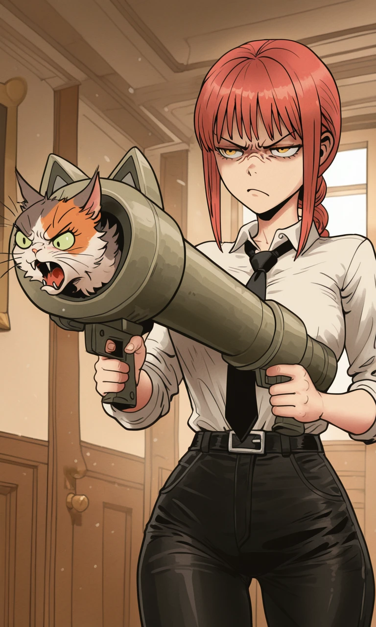embedding:IllusP0s, f3rn4nd0, cat launcher gun, holding weapon, makima, annoyed, white shirt, black tie, 1girl, solo,<lora:cat launcher gun_illustrious.safetensors:1.0:1.0> <lora:Style_soph-Fernando-ILXL.safetensors:1:1>