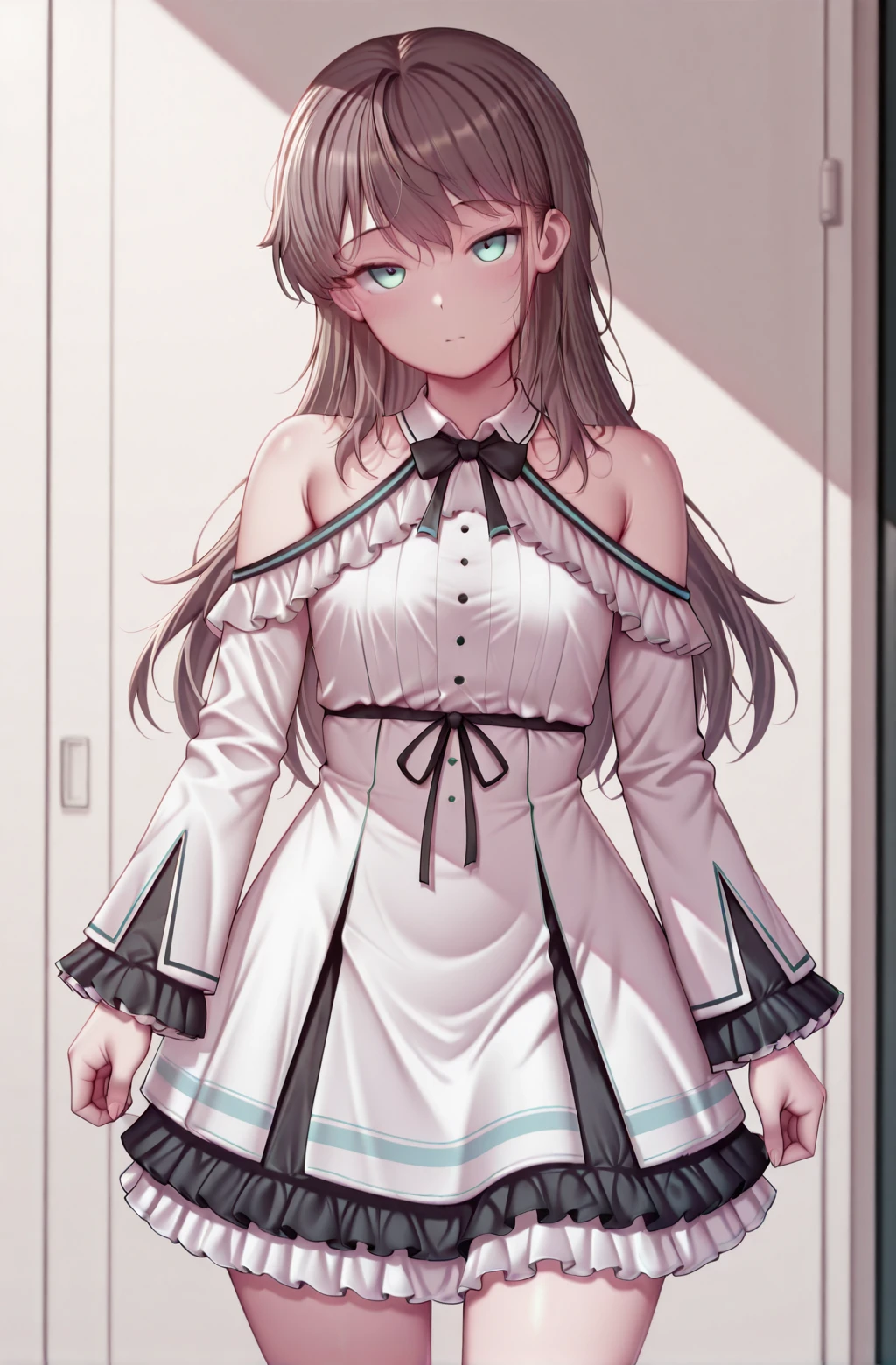 masterpiece,best quality,amazing quality,
1girl,nebelkanacasual frilled dress, cowboy shot,bare shoulders, detached collar,  <lora:KanaNebelCausalRebornV1-IXL:1> <lora:Kashiwazakikana-OnlyCharV3-IXL:1>,Kashiwazakikana,brown hair,aqua eyes