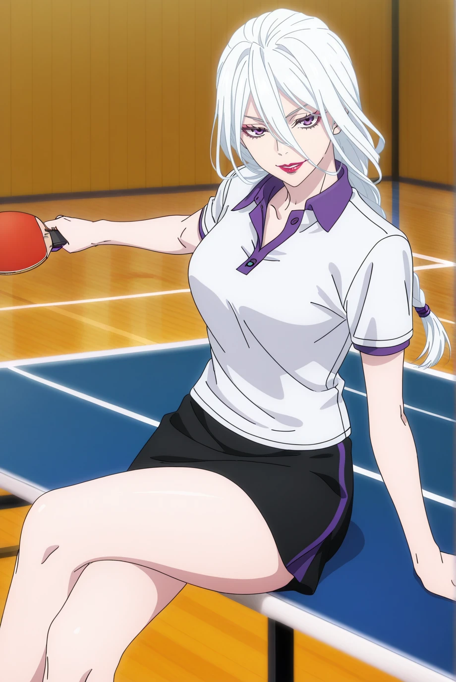 absurdres, masterpiece, best quality, very aesthetic, 1girl, solo,
<lora:MeiMei-IL-v1-08:0.9>, ChopioMeiMei, white hair, looking at viewer,
anime coloring, medium breasts, purple nails, long fingernails,
long hair, braided ponytail, long bangs, hair tie, hair between eyes, red lipstick,
outfit_3, white shirt, polo shirt, short sleeves, black skirt,
indoors, gym, wooden floor, seductive smile, parted lips, thighs, sitting, crossed legs, open collar, table tennis paddle, table, on table,