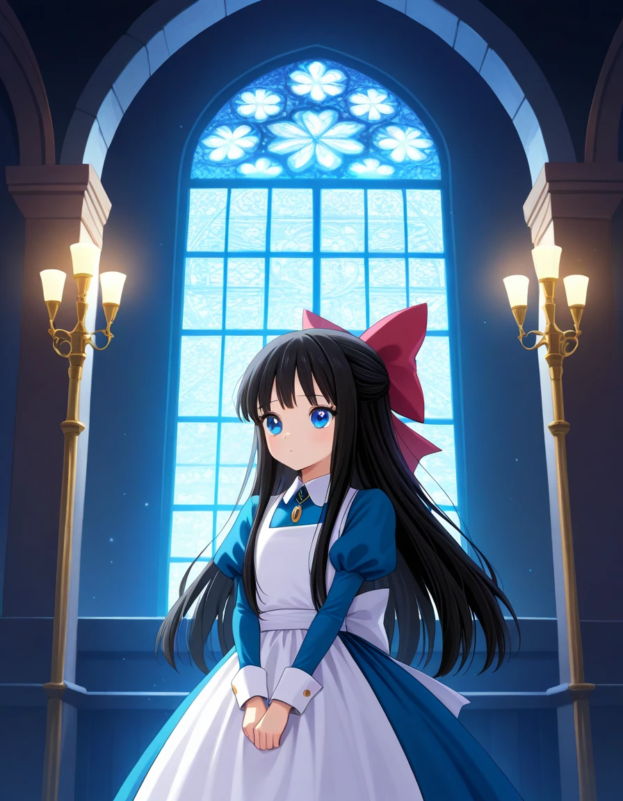 fairy tale castle, royal room, ornate windows, golden chandeliers, stained glass, soft glowing light, majestic interior, magical ambiance,1girl,<lora:Aya_Drevis(Mad_Father):1>,aya_def,black hair,red hair bow,long hair,blue eyes, aya_cos,bow,dress,apron,juliet sleeves,long sleeves,puffy sleeves,blue dress,ribbon,white apron, masterpiece, best quality, amazing quality, newest