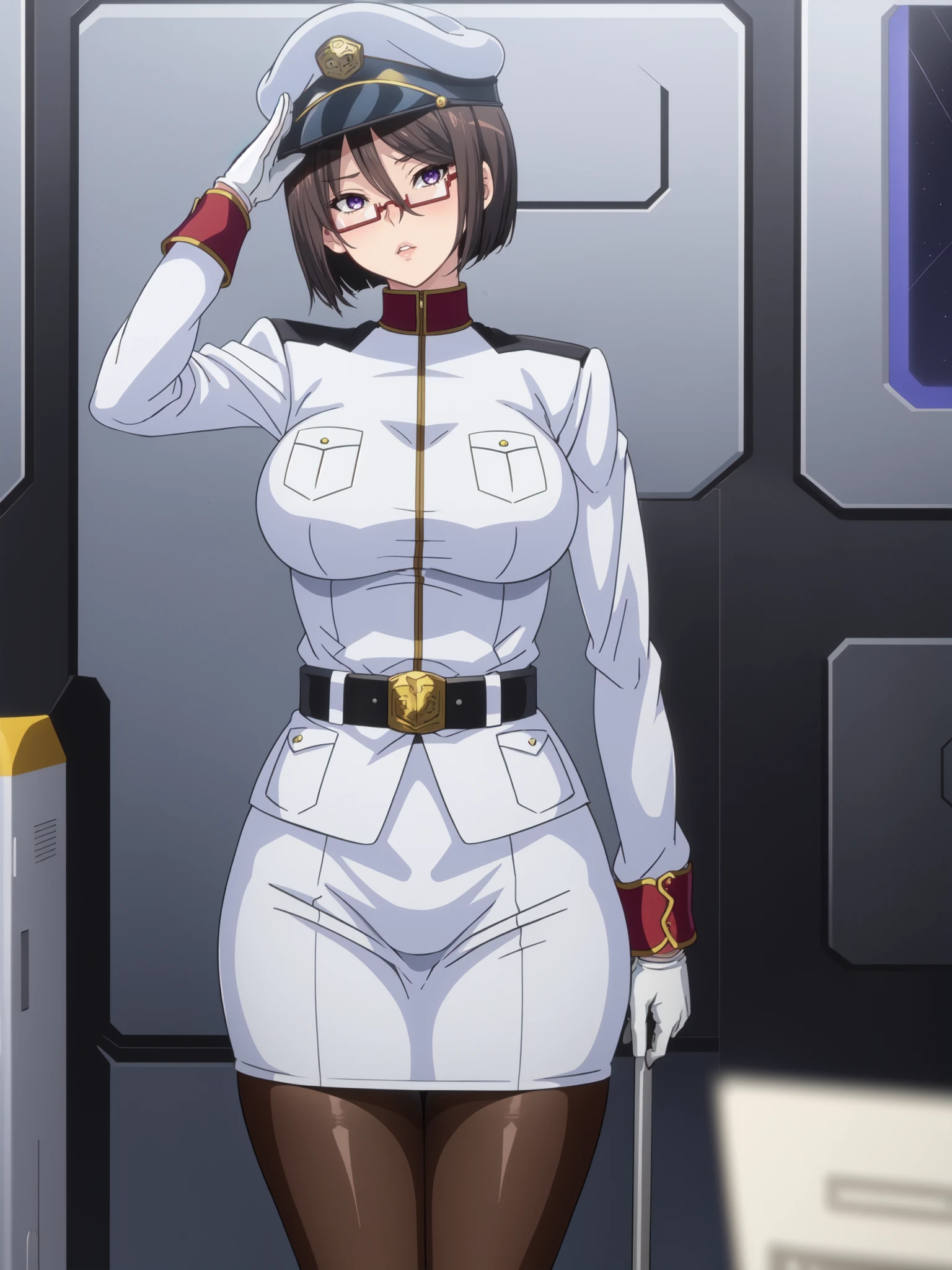 masterpiece, high quality, anime screenshot, game cg,
Edwards Zenia, 1girl, solo, standing, legs legs together, salute, three quarter view, cowboy shot,
looking at viewer, head tilt, parted lips,
short hair, brown hair, purple eyes, glasses,
naval uniform, white uniform, brown pantyhose, black belt, white gloves, peaked cap, pencil skirt, white skirt,
large breasts, thick thighs, curvy,
indoors, spacecraft interior, space station, square,
<lora:Edwards Zenia SD1.5animefull:1>