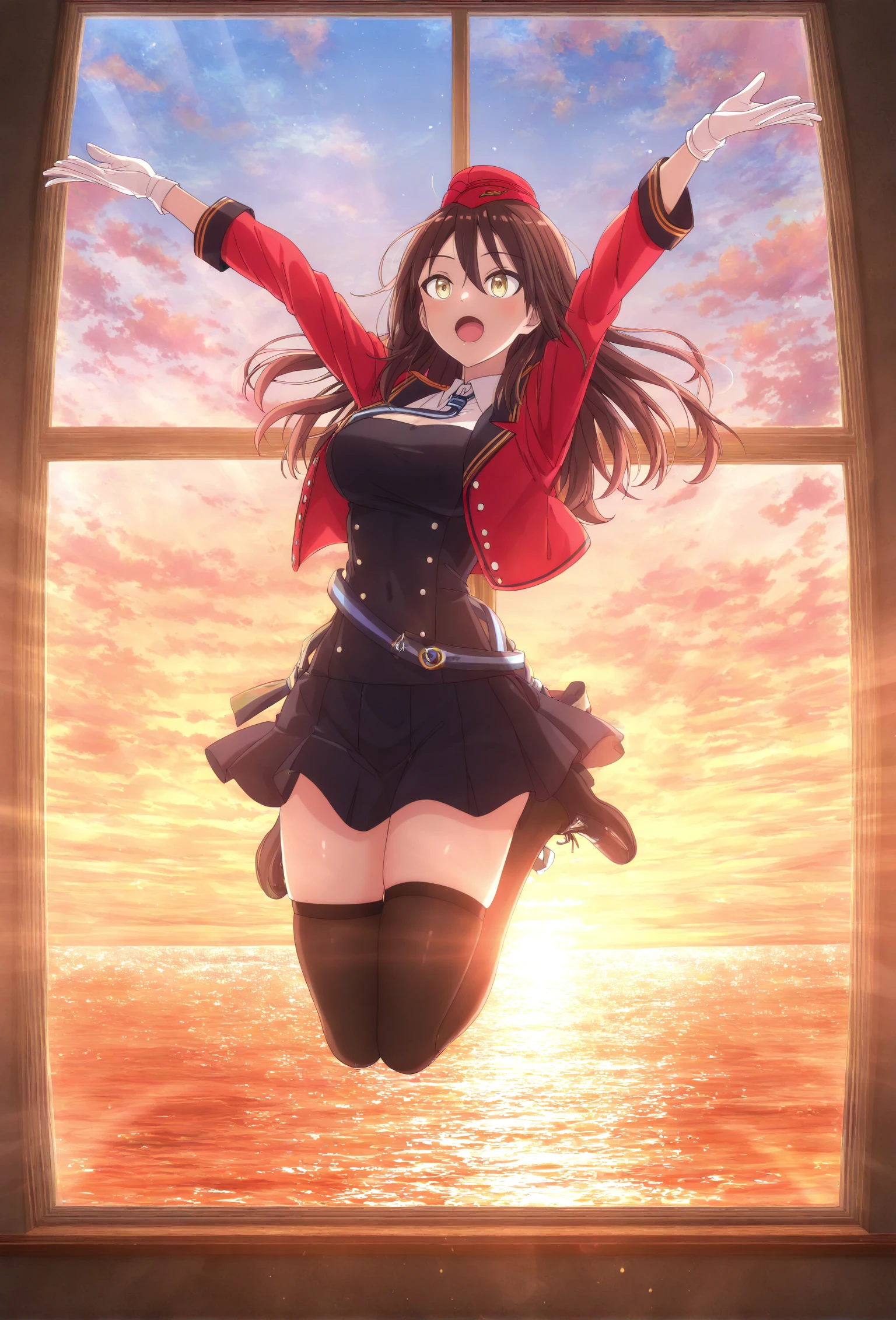 1girl, (eleonore giovanna gassion:1.1), red uniform, jumping, full body, happy, open mouth, :o, (newest masterpiece best quality highres absurdres:1.1), tk-lwshft, scenery, sunset, window, sea, <lora:lwitches25-epoch-000010:0.8>,
<lora:lwitches-stylev25-epoch-000007:1>