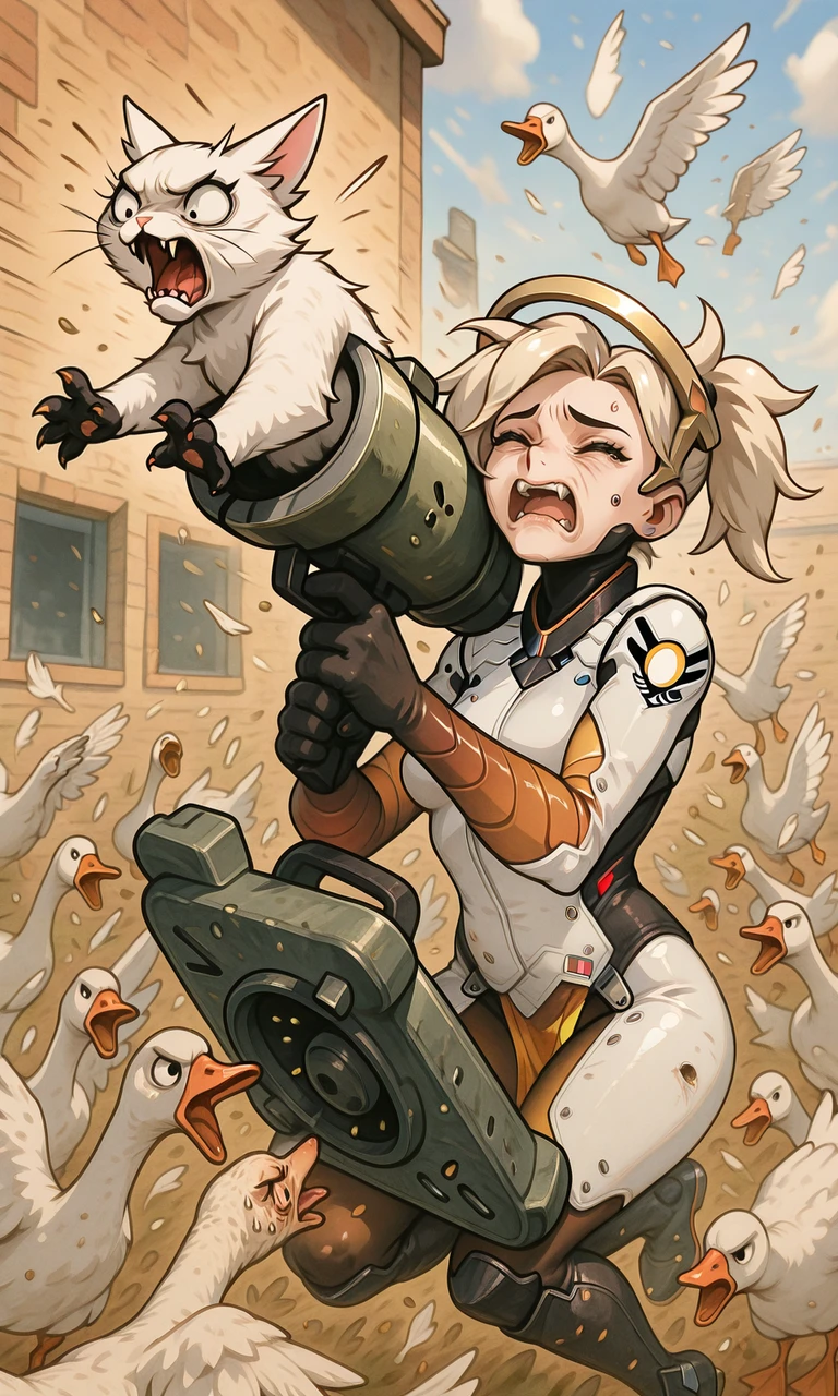 embedding:IllusP0s, cat launcher gun, holding weapon, cat, goose ambush, 6+ geese, mercy_\(overwatch\), closed eyes, scared, cowering, 1girl, solo, white bodysuit,<lora:cat launcher gun_illustrious.safetensors:1.0:1.0> <lora:goose ambush_illustrious.safetensors:1:1>